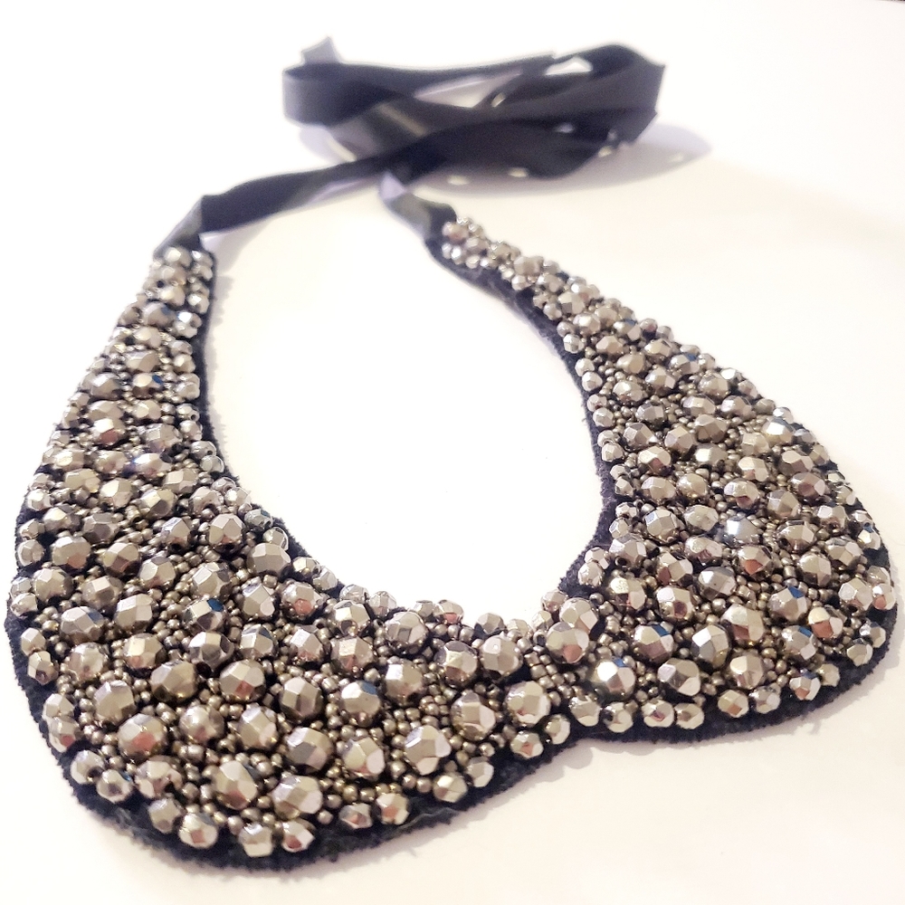 Vintage Black Felt Silver Beaded Collar Necklace